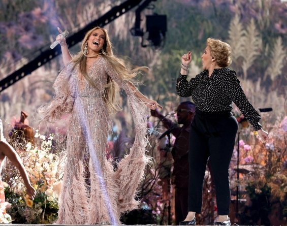 Jennifer Lopez in glamorous overalls by Elie Saab and Zuhair Murad at the "Vax Live" concert where she sang with her mother