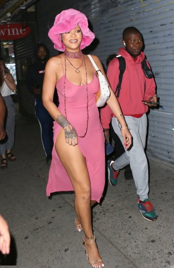 Rihanna in a see-through pink dress with a high slit for going out with boyfriend ASAP Rocky