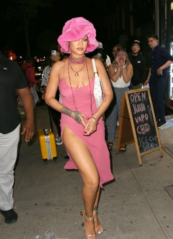 Rihanna in a see-through pink dress with a high slit for going out with boyfriend ASAP Rocky