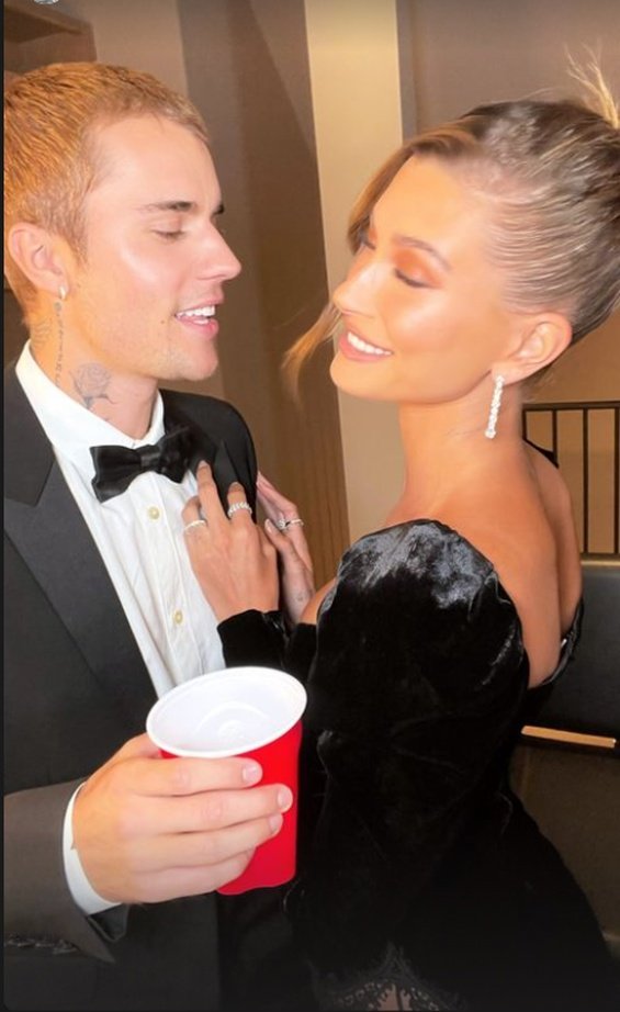 Justin and Hailey Bieber glamorous couple at a party in West Hollywood