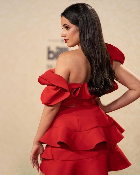 Camila Cabello in a red creation by Eli Saab at the Billboard Latin Music Awards