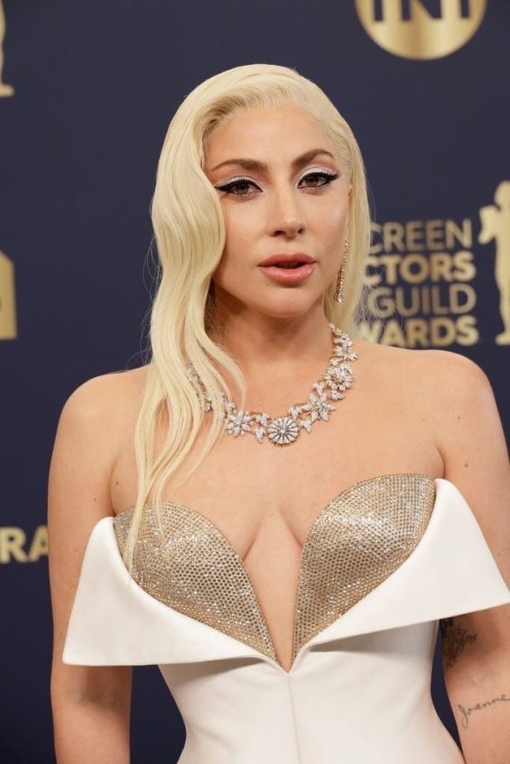 Lady Gaga in a glamorous Armani dress met Bradley Cooper at the SAG Awards