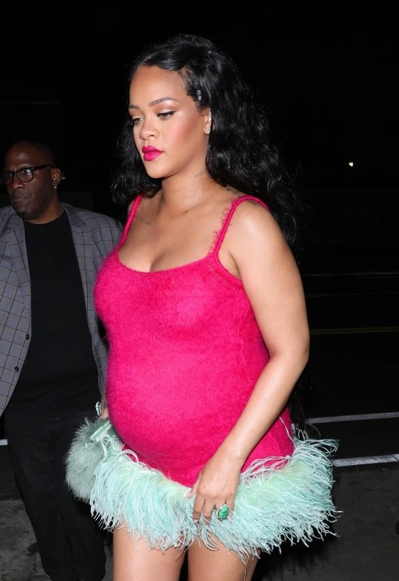 Rihanna was photographed in an ultra mini dress for dinner in the last trimester of pregnancy