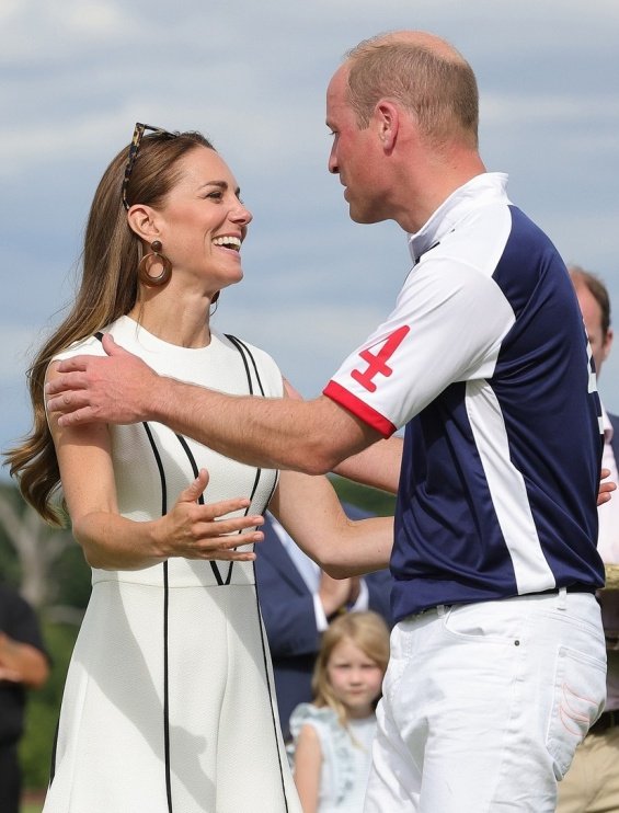 Duchess Catherine in a summery white dress cheers on Prince William at a polo match