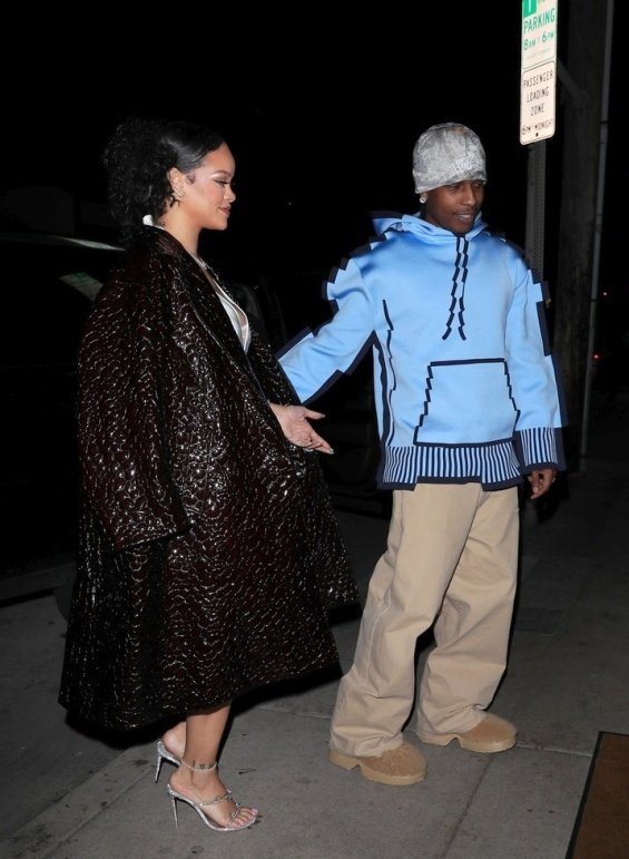 Pregnant Rihanna in a mini dress at a birthday dinner with ASAP Rocky