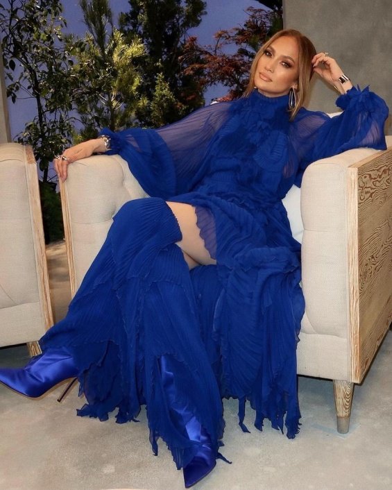 Jennifer Lopez in a royal blue creation promotes the new movie "The Mother"