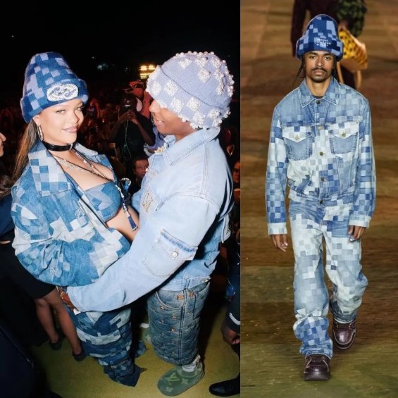 Rihanna bares her pregnant belly in denim styling at the Louis Vuitton men's show