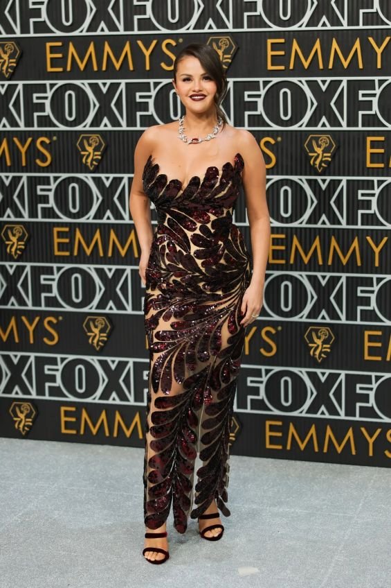 Selena Gomez Updates Sheer Trend With 450,000 Sequins in Oscar de la Renta Dress at Emmy Awards 2023