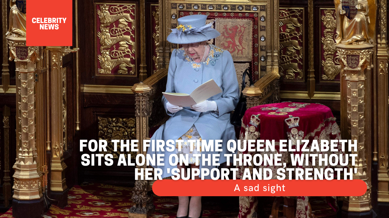 A sad sight: For the first time Queen Elizabeth sits alone on the throne, without her 'support and strength'