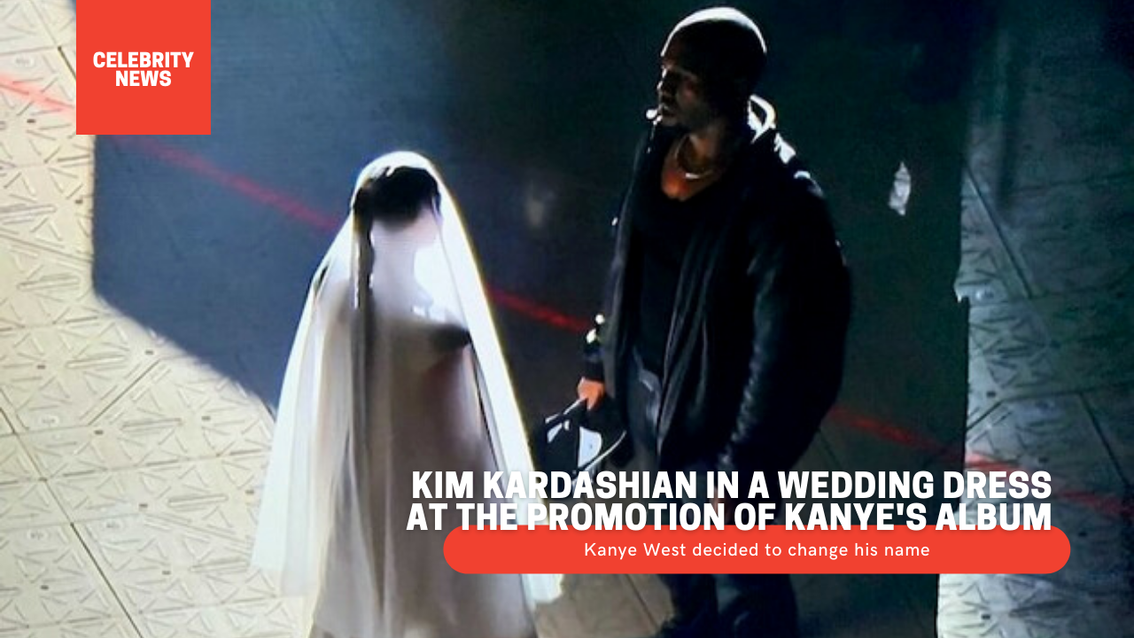 Kim Kardashian in a wedding dress at the promotion of Kanye's album, after he decided to change his name