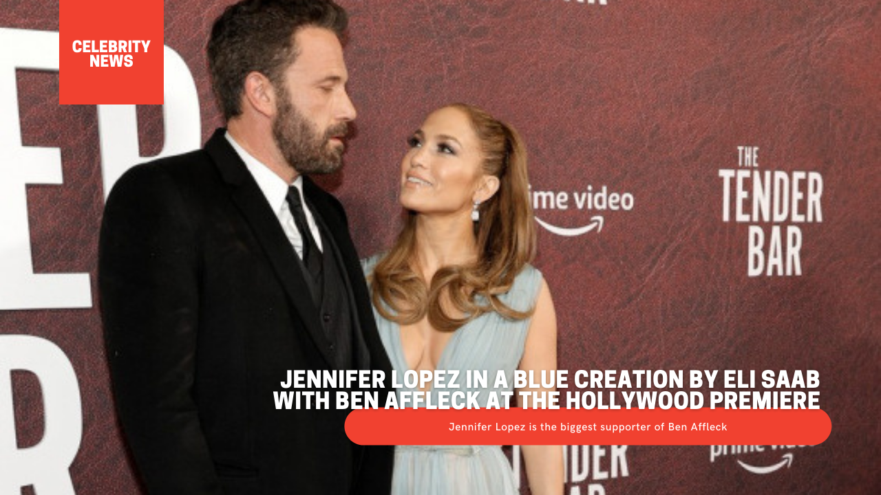 Jennifer Lopez in a blue creation by Eli Saab with Ben Affleck at the Hollywood premiere