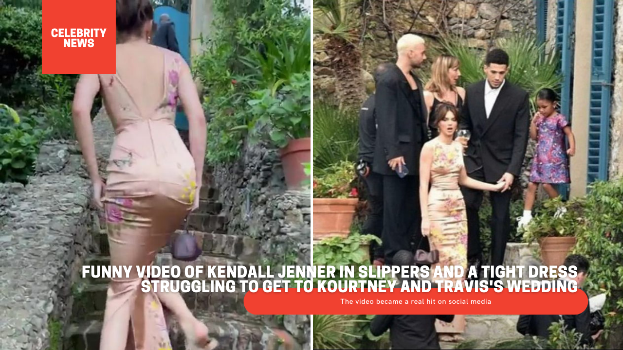 Funny video of Kendall Jenner in slippers and a tight dress struggling to get to Kourtney and Travis's wedding