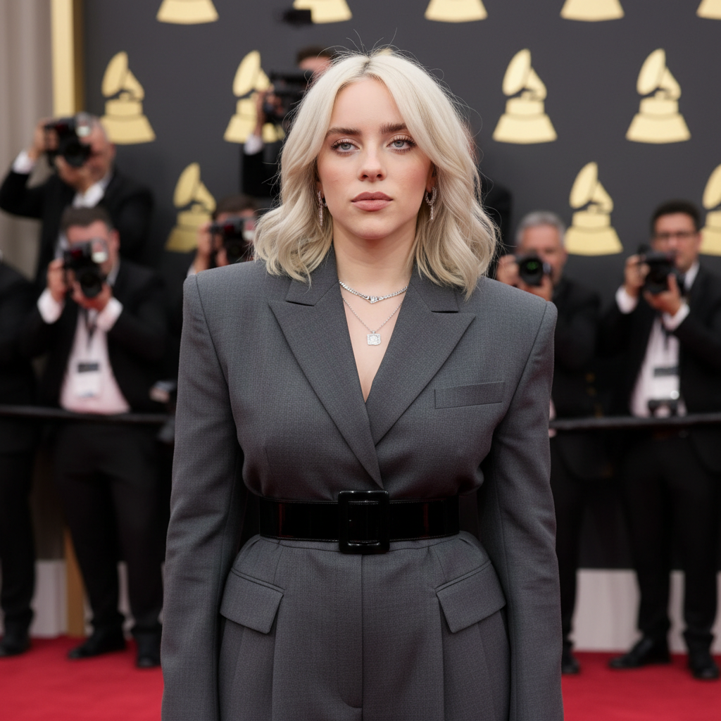 Billie Eilish on a red carpet wearing a structured suit and subtle jewelry