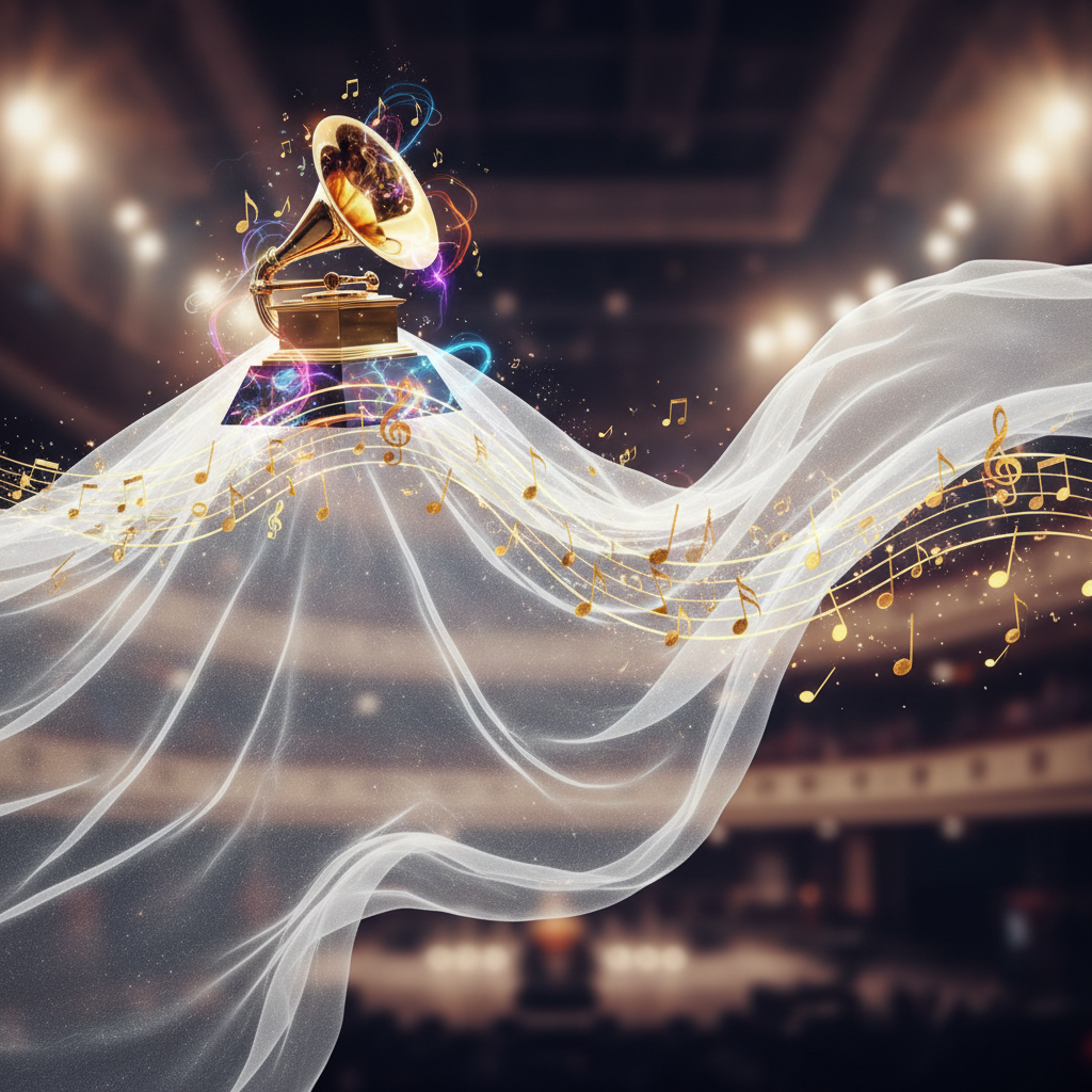 A conceptual image of a wedding veil mixed with musical notes and a grammy award