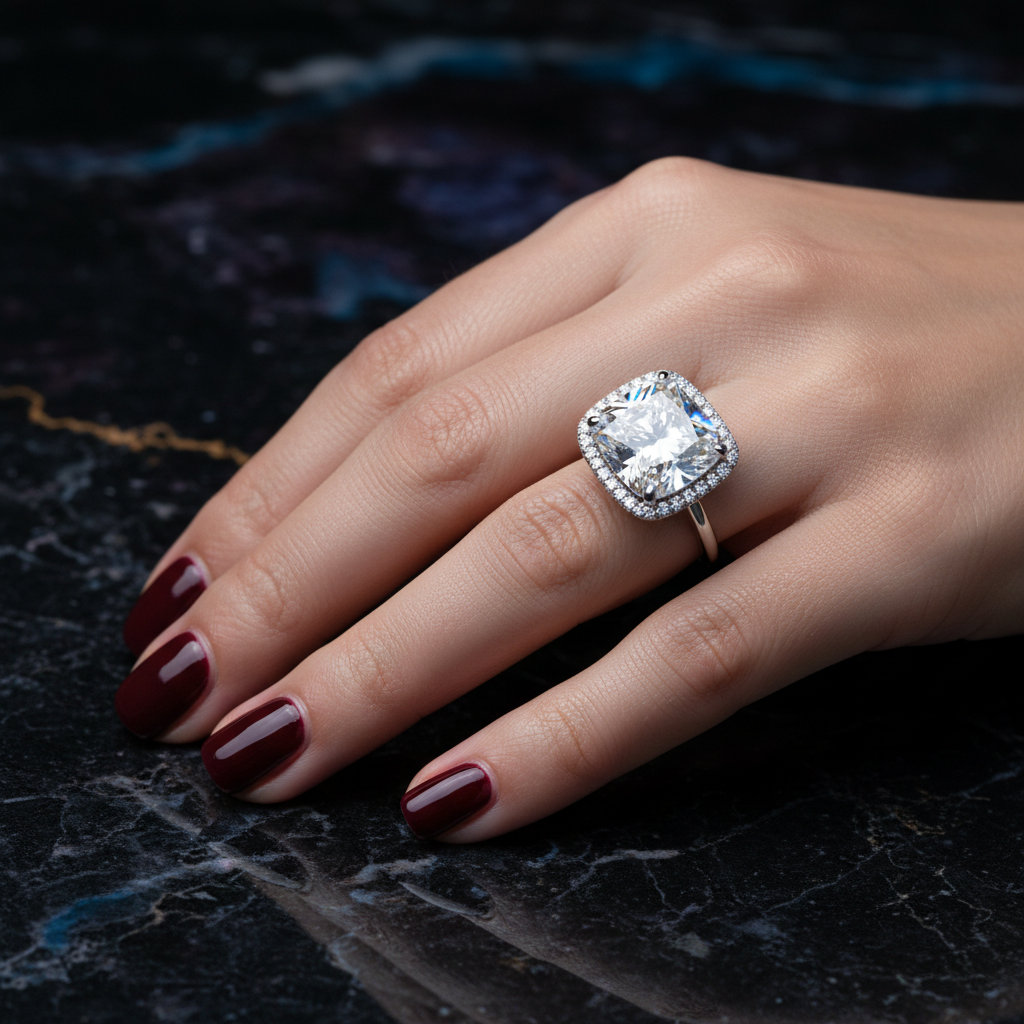 Close-up of a hand with a sparkling diamond ring against a dark aesthetic background