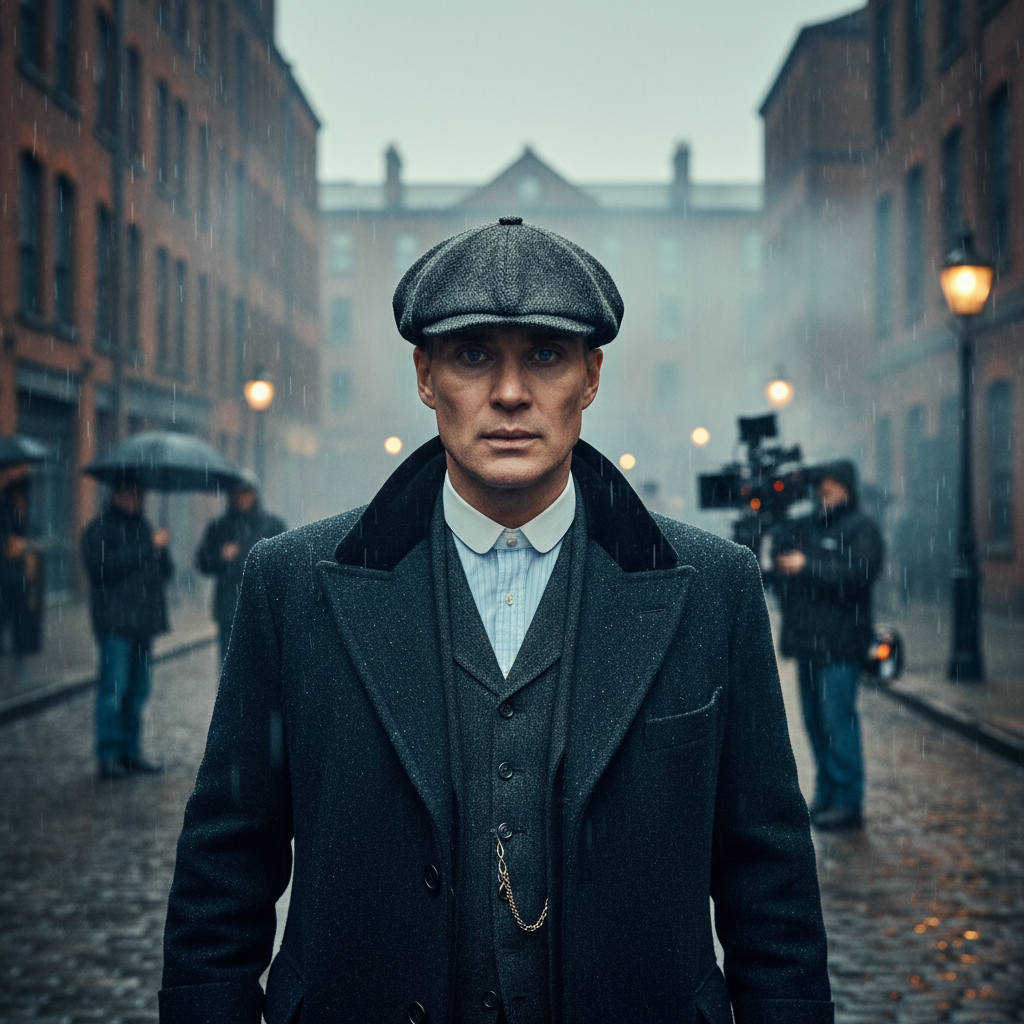 Cillian Murphy as Tommy Shelby on the set of the new Peaky Blinders movie, wearing a classic wool overcoat and flat cap, look