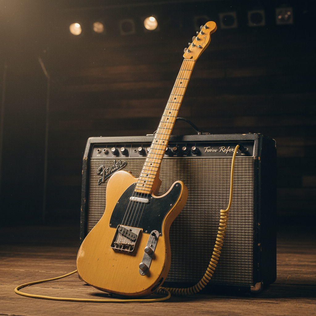 Bruce Springsteen's iconic 1950s Fender Esquire guitar sitting against an amp