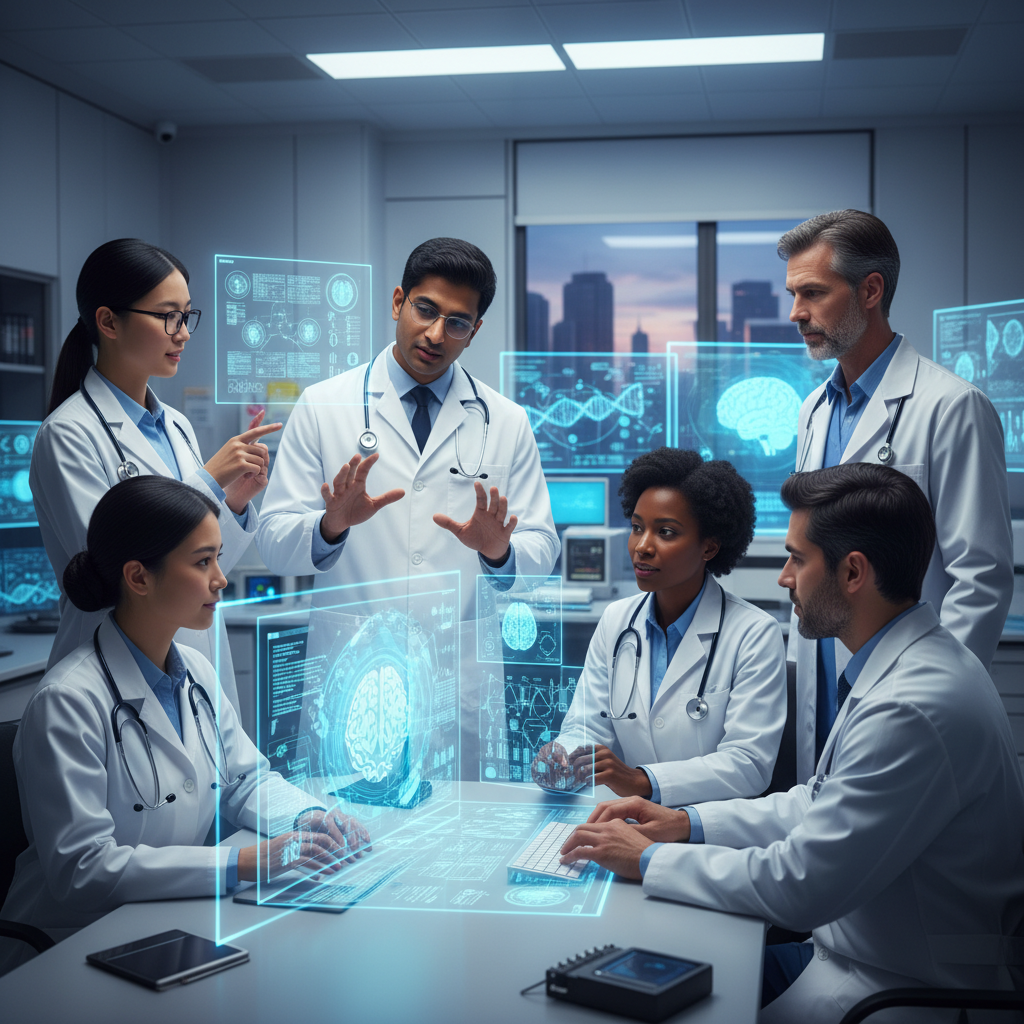 A diverse group of researchers and doctors collaborating around a holographic display showing medical data, emphasizing colla