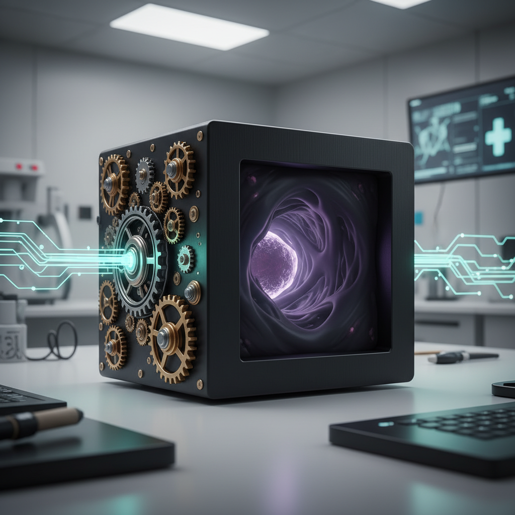 A stylized illustration of a black box with gears and data flowing in and out, but the inside is obscured, representing AI op