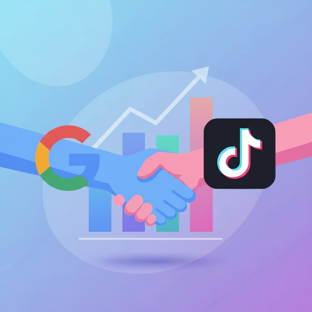 An illustration depicting the Google logo shaking hands with the TikTok logo, with a stylized graph showing market dominance 