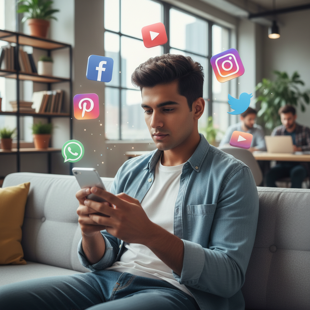 A person creating content on a smartphone, with various social media icons floating around them, indicating integration.