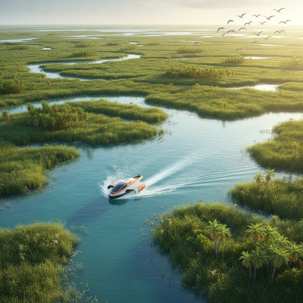 A aerial view of the Florida-inspired 'Grasslands' area of the map, showing a hovercraft moving through the water with realis