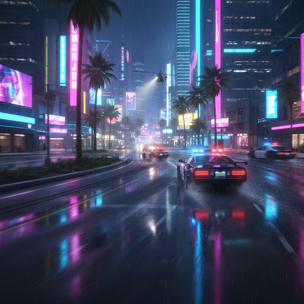 A screenshot of a high-speed police chase through the neon-lit streets of Vice City, showing ultra-realistic reflections on t