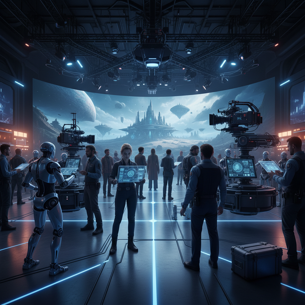 A futuristic film set with robots mingling with human crew members, suggesting an AI-driven production.