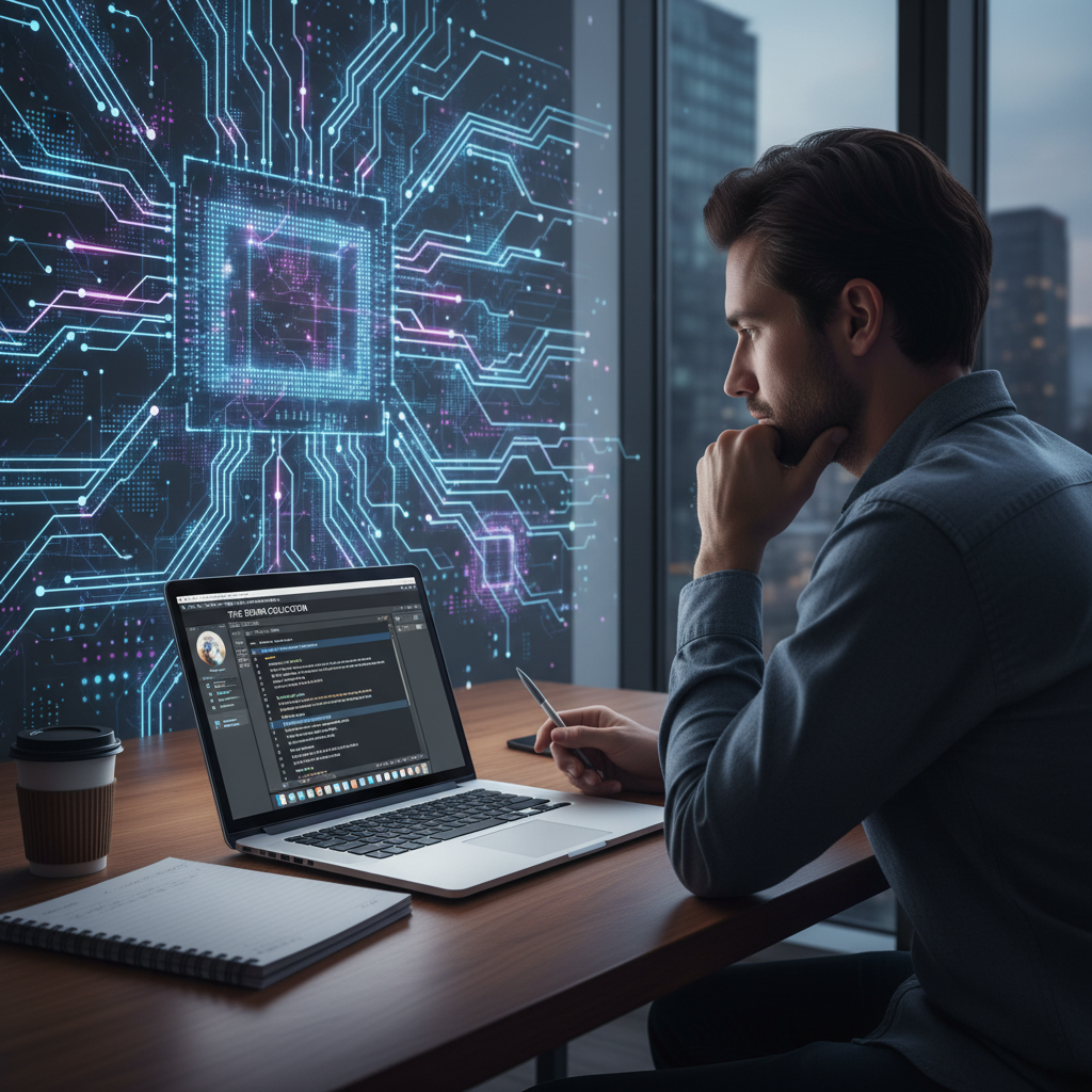 A person in front of a laptop, deep in thought, with a screenplay open, juxtaposed with abstract AI circuit patterns.