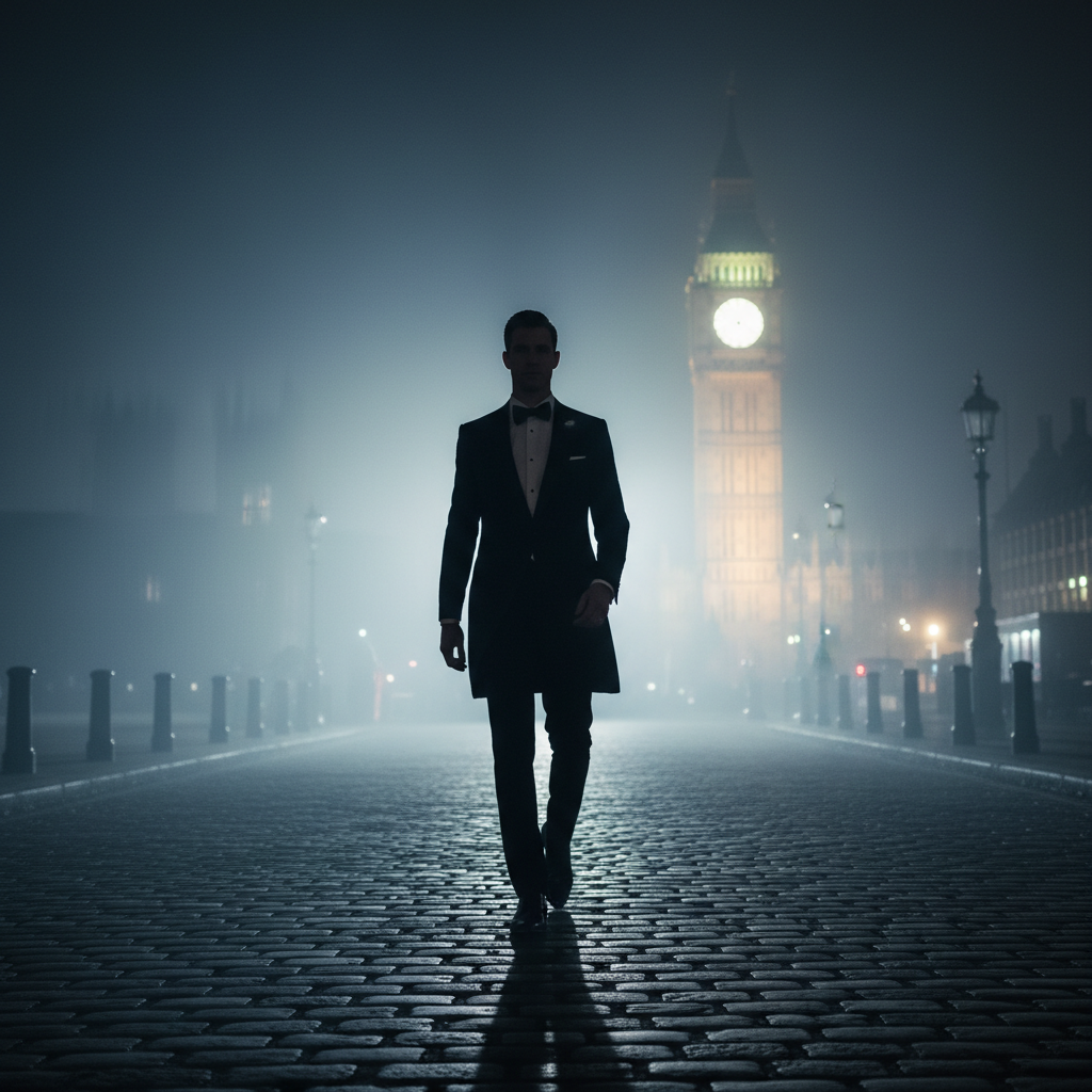A high-end silhouette of a tall man in a tailored tuxedo walking through a misty London street at night, capturing the 007 ae