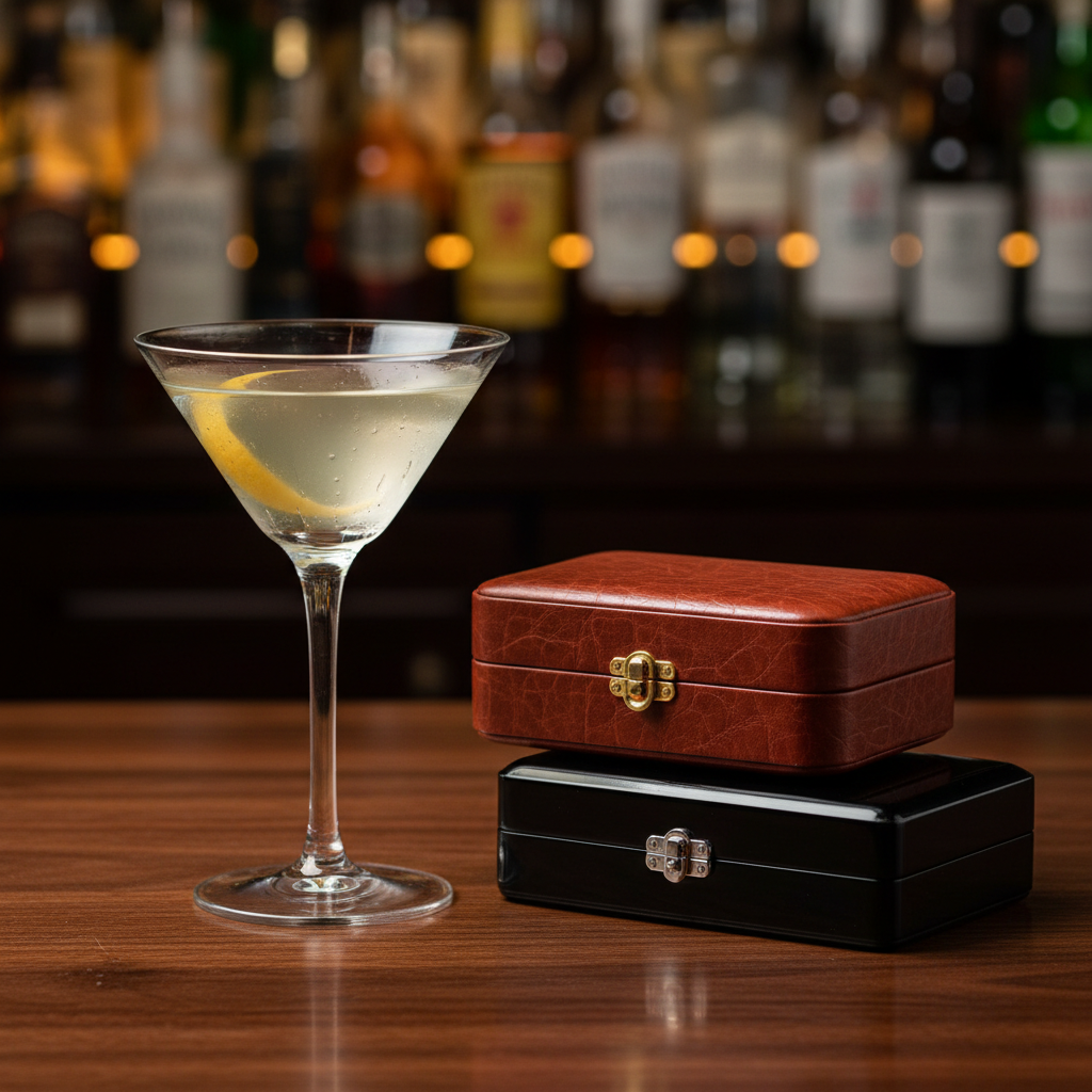 A close-up of a glass of a Vesper Martini sitting on a dark wooden bar next to a pair of luxury cufflink cases.