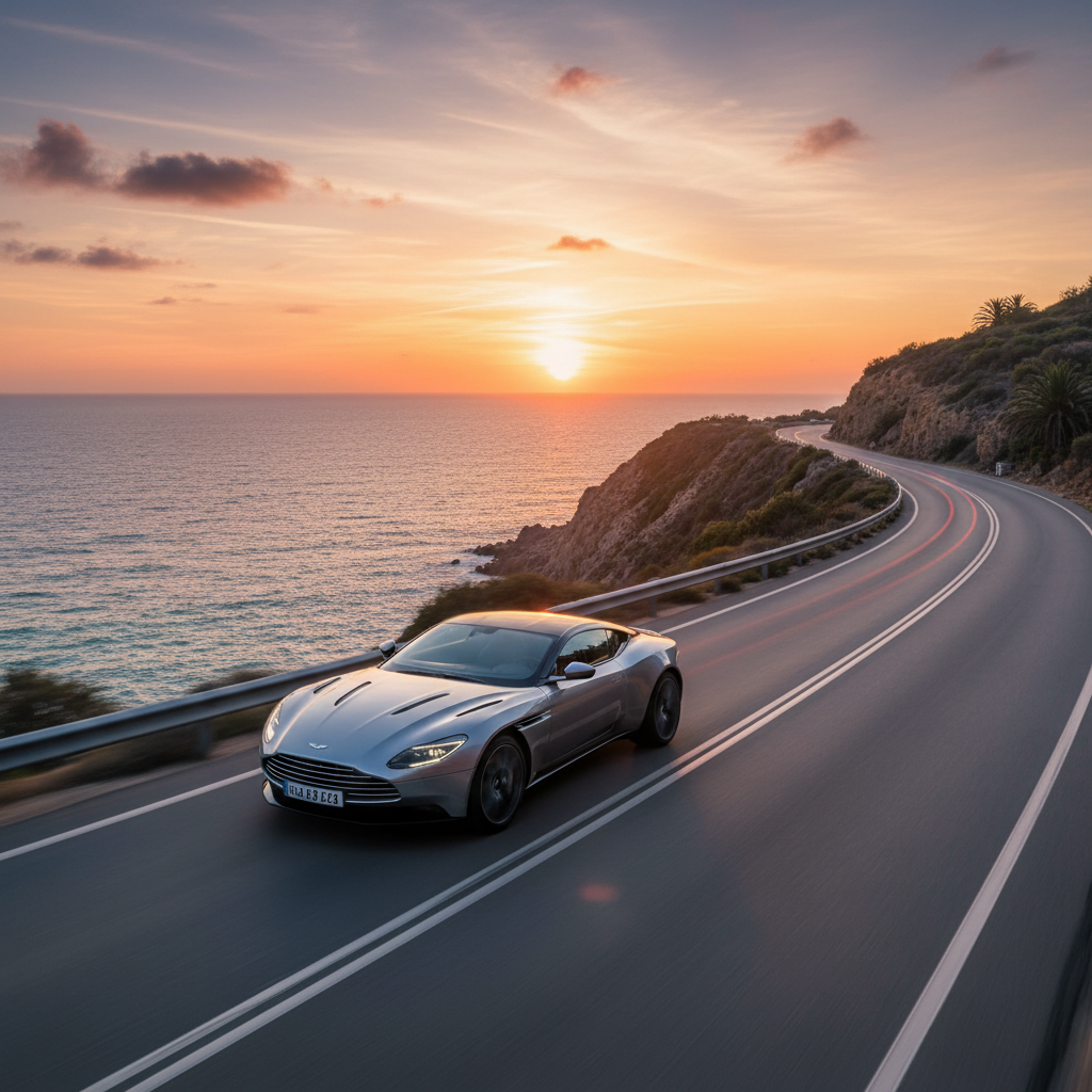 A sleek, silver Aston Martin driving along a winding coastal road at sunset, representing the luxury and speed of the franchi