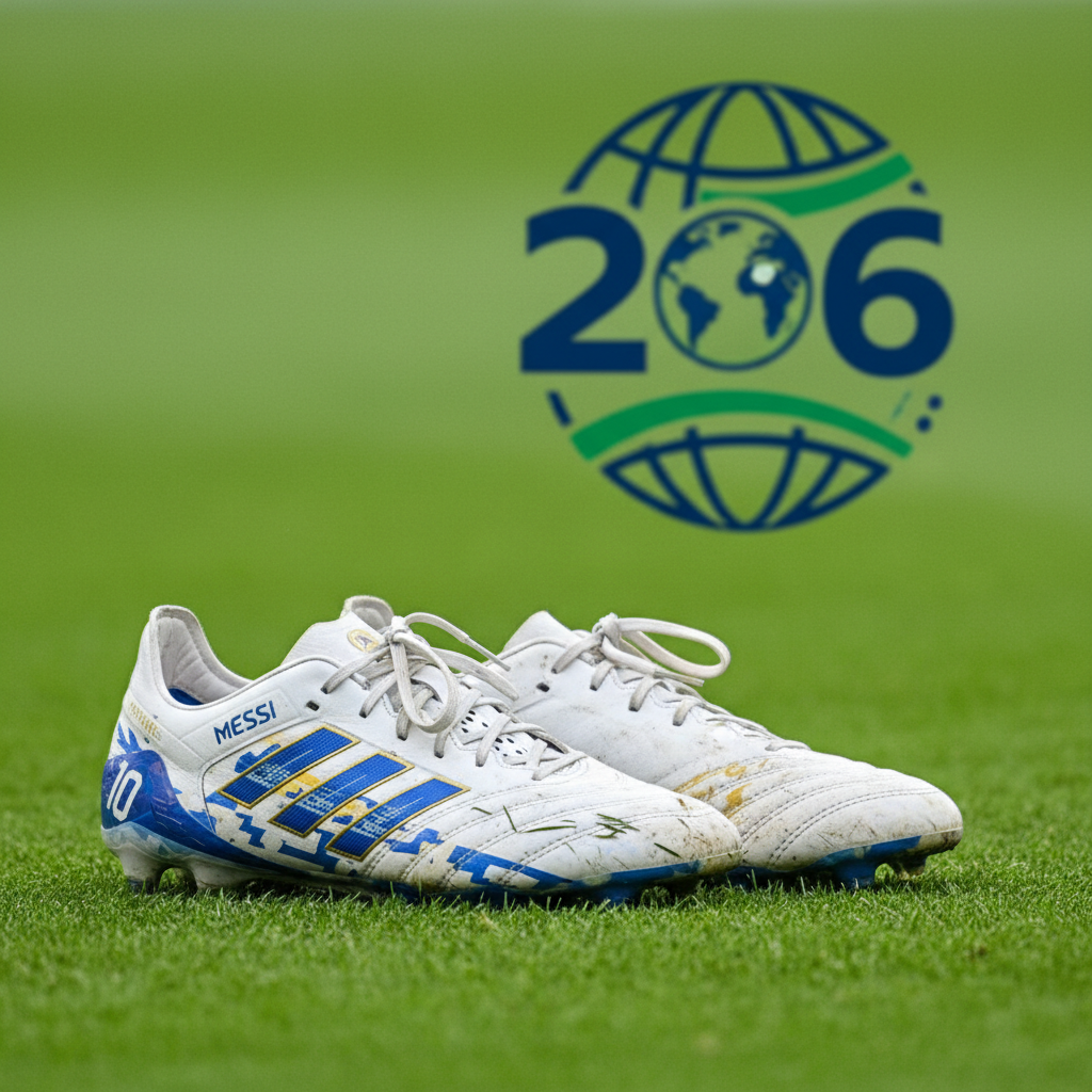 Close up of Messi's boots on the grass, with the 2026 World Cup logo partially visible in the blurred background.
