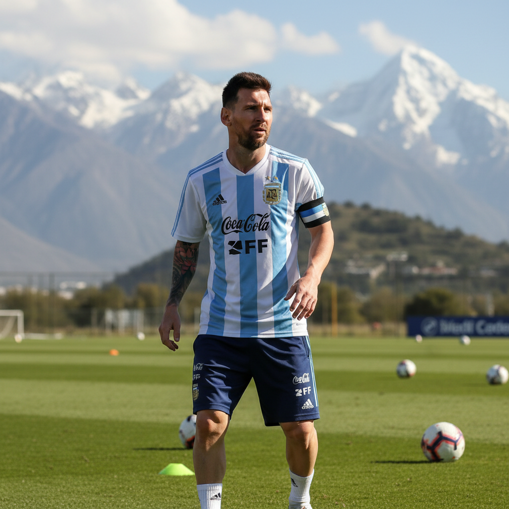 Lionel Messi wearing the Argentina captain's armband, looking focused during a training session with the mountains in the bac