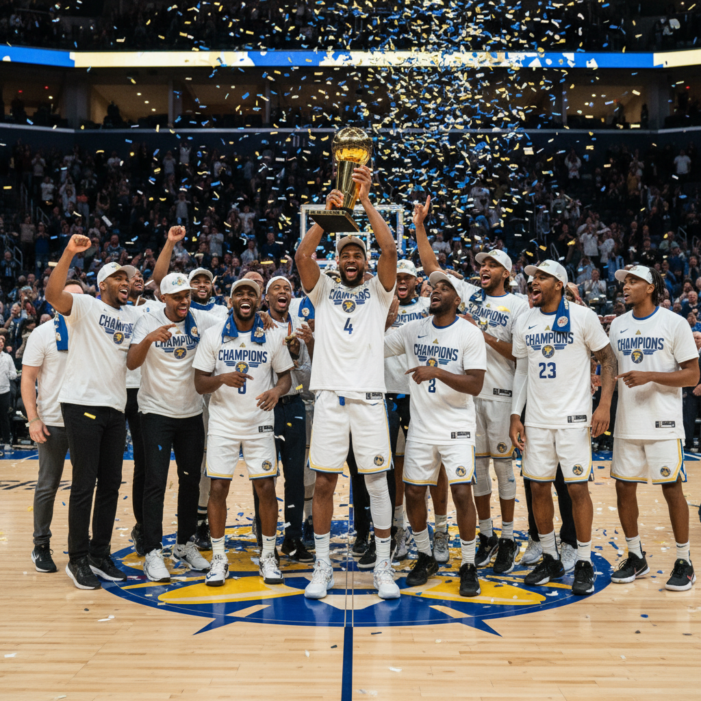 Confetti falling on ecstatic championship-winning basketball players celebrating with the trophy.