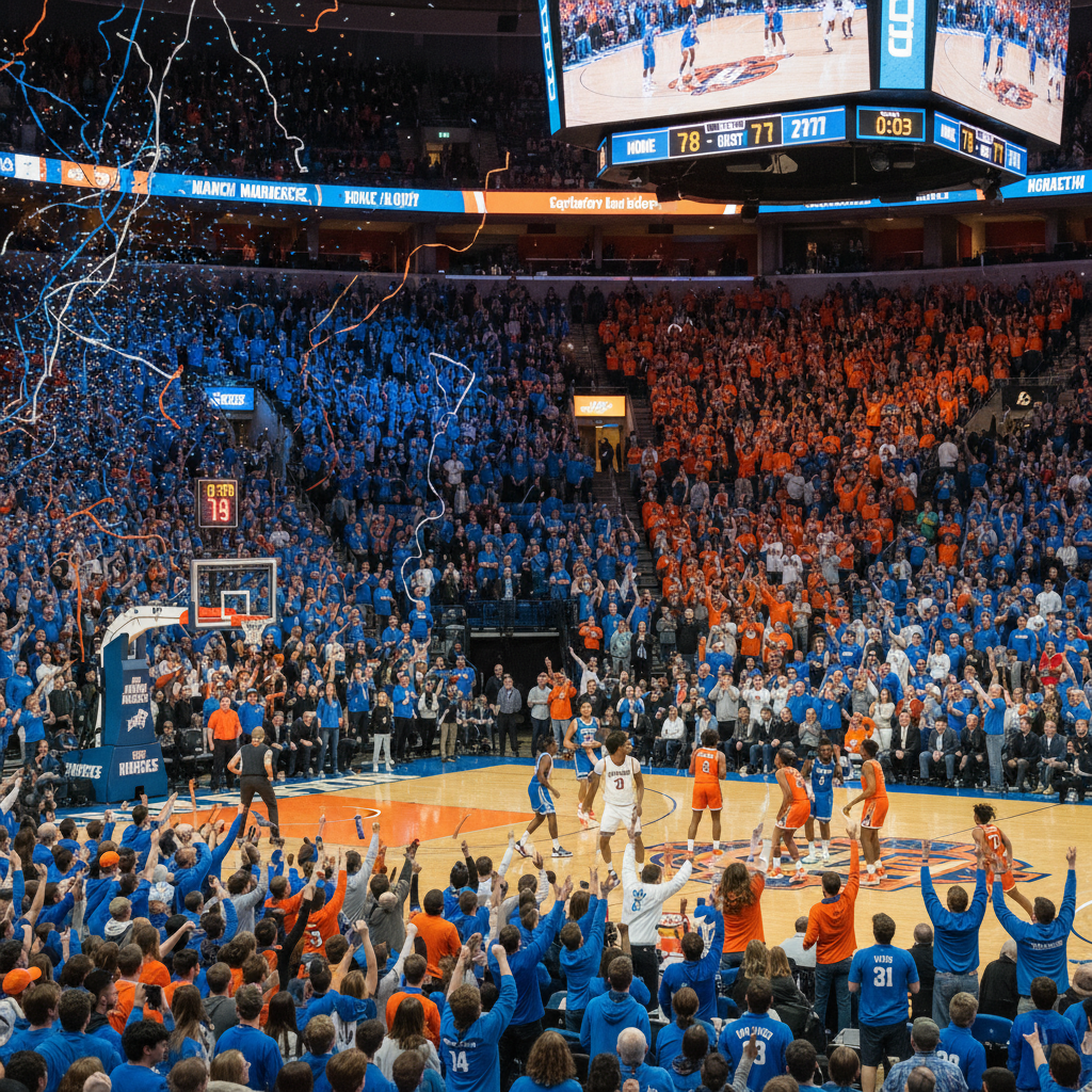 A packed arena with fans cheering during a close March Madness game, with team colors vibrant.
