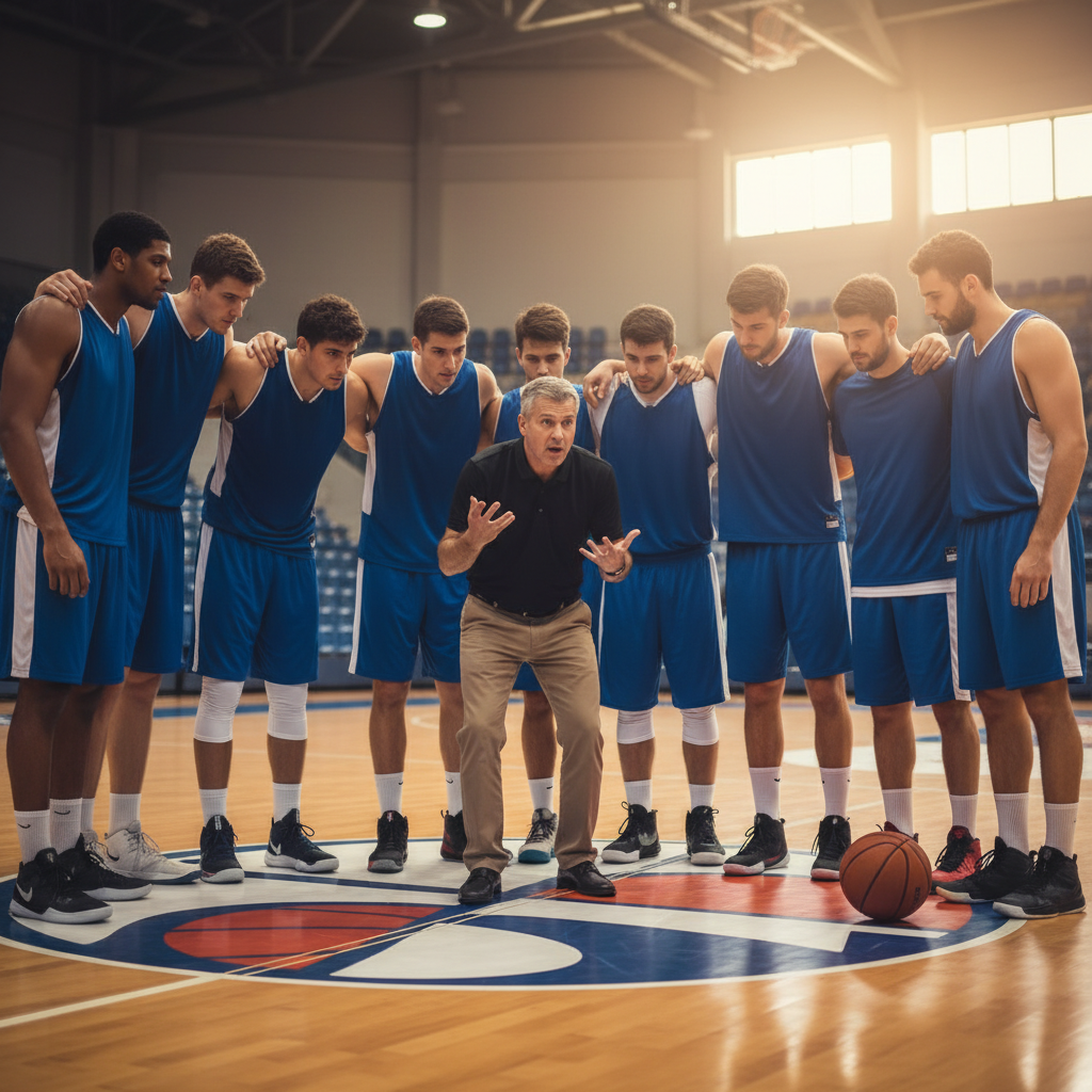 A huddle of basketball players on the court, looking determined and unified, with their coach speaking to them.