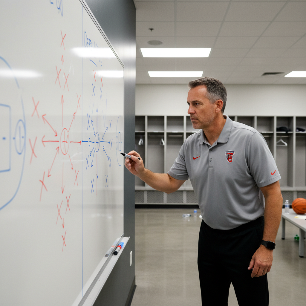 A basketball coach looking intensely at a whiteboard with Xs and Os, representing strategic changes, in a locker room setting