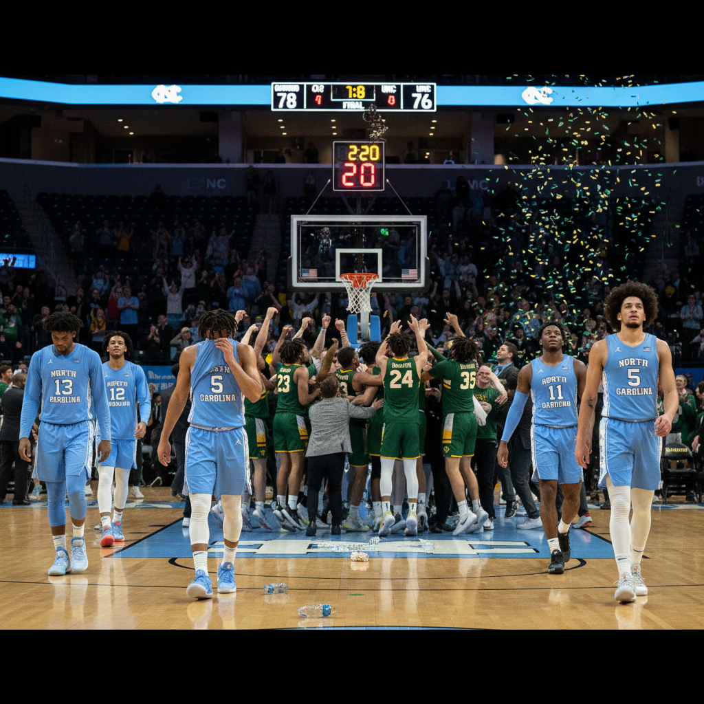 UNC Tar Heels players looking dejected after the game, with Oakwood players celebrating in the background.