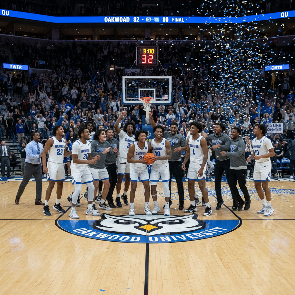 Oakwood University Owls celebrating on the court after defeating UNC, with fans cheering wildly in the background.