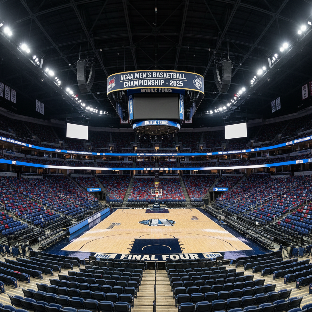Wide shot of the Final Four arena, with the championship banner hanging, ready for the teams.