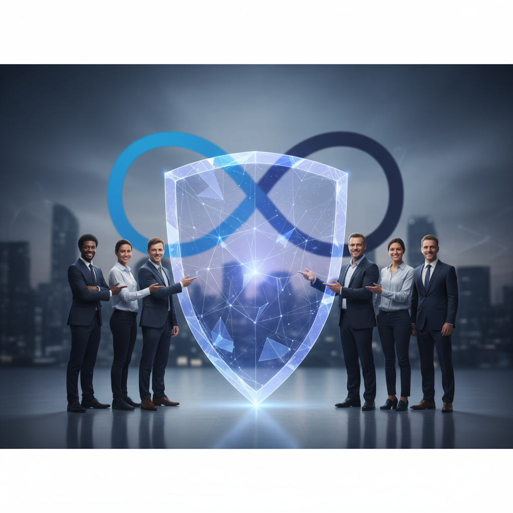 A diverse group of people standing in front of a giant, semi-transparent digital shield, symbolizing data privacy, with the M