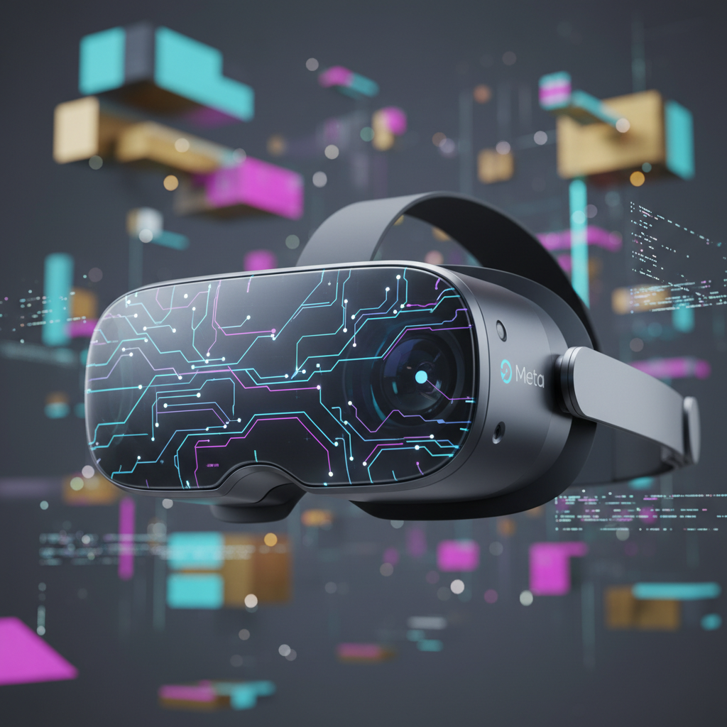 A close-up of a sleek, futuristic Meta AR/VR headset with subtle glowing lines indicating neural pathways, set against a blur