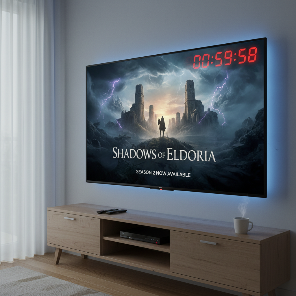 A screenshot of Netflix's 'Shadows of Eldoria' Season 2 available on a TV screen, with a clock counting down in the corner, c