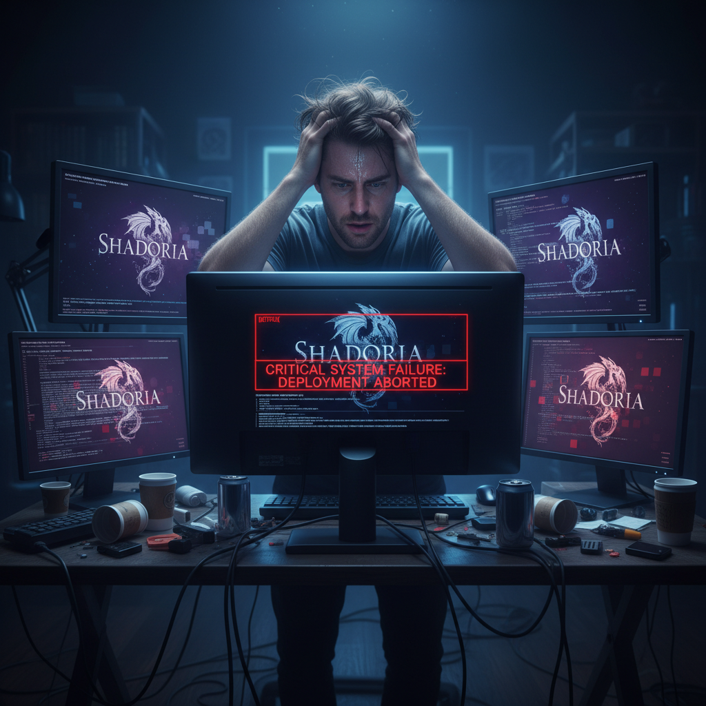 A person looking stressed, surrounded by multiple computer screens displaying 'Shadows of Eldoria' logos and error messages,