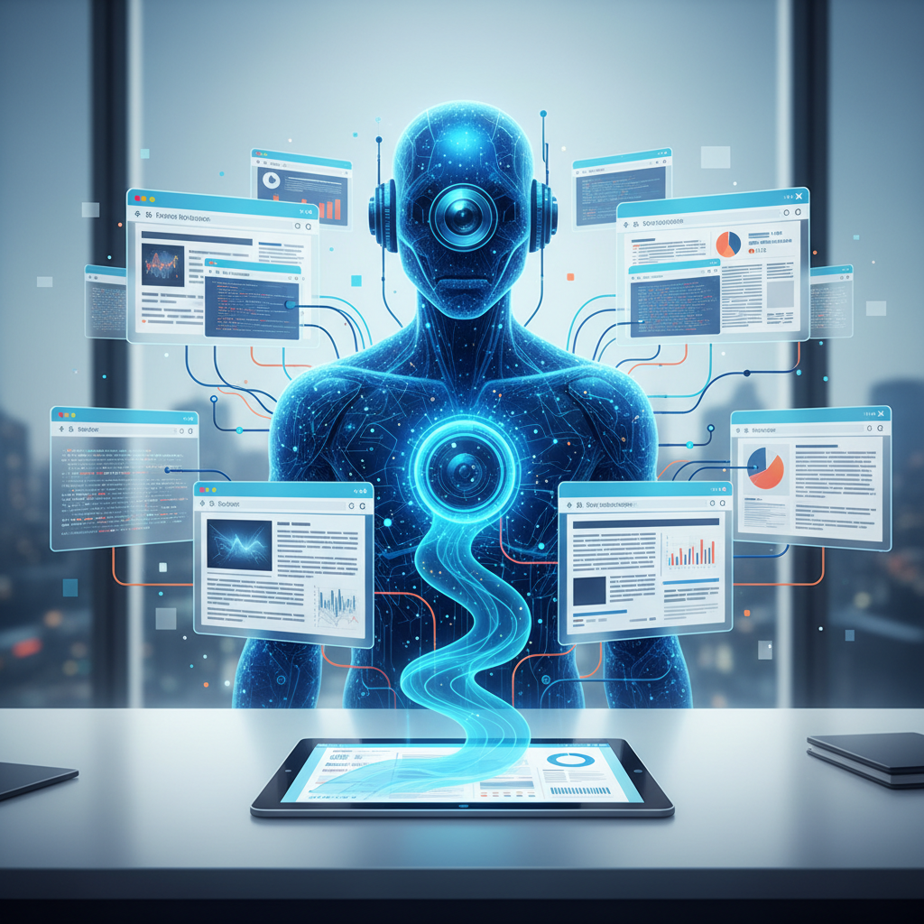 An illustration showing an AI agent browsing multiple browser windows and synthesizing data into a single report