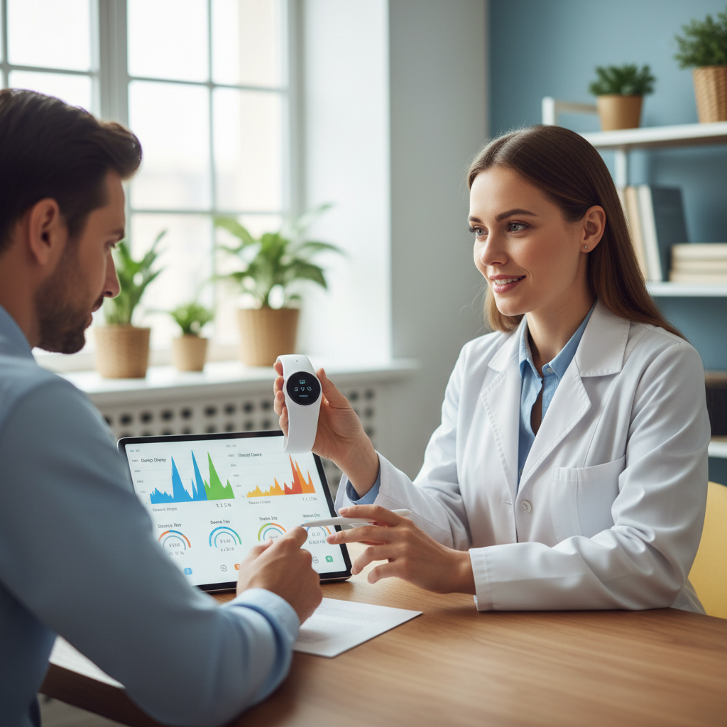 A close up of a sleep tracking device or a person at a doctor's office discussing sleep