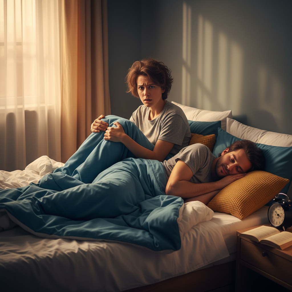A person looking frustrated in bed while their partner sleeps peacefully next to them