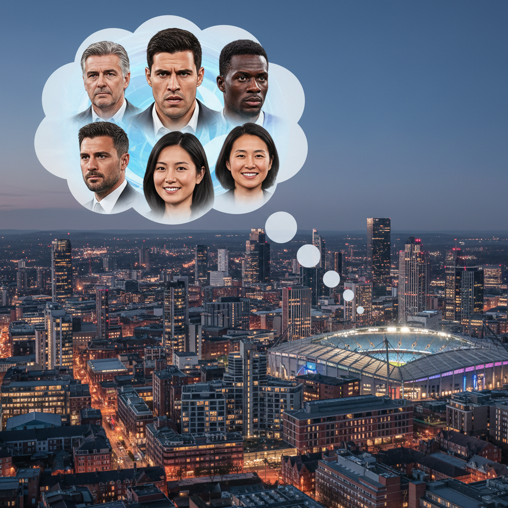 A composite image showing the Manchester City skyline and Etihad Stadium, with a thought bubble above it depicting various po