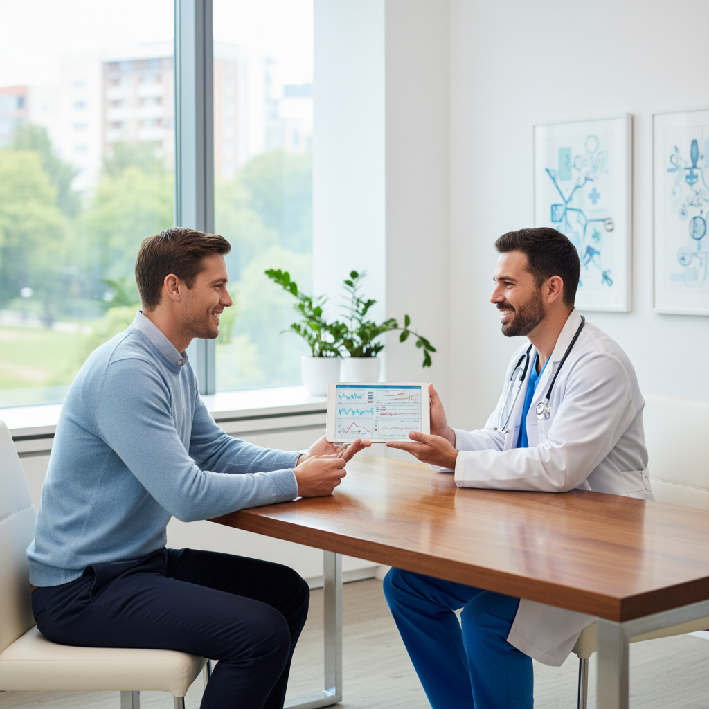 A person discussing medical results with a doctor in a bright, modern office